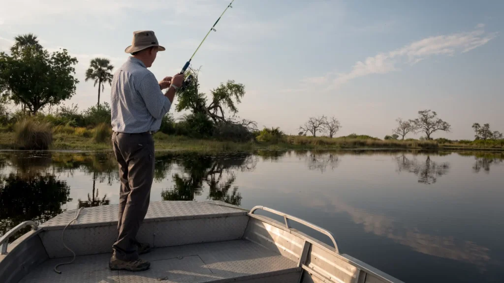A man fishing from a boat in the Okavango Delta, with a calm river and lush vegetation reflecting in the water.