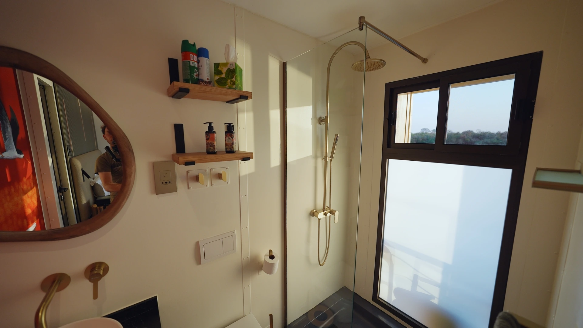 En-suite bathroom with shower aboard the Okavango Endeavour