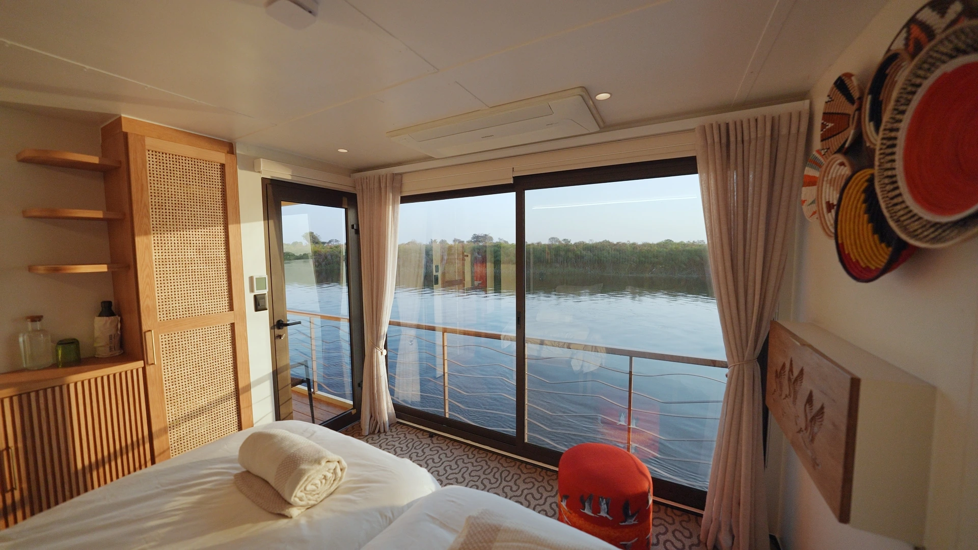 Guest cabin on the Okavango Endeavour looking out across the floodplain