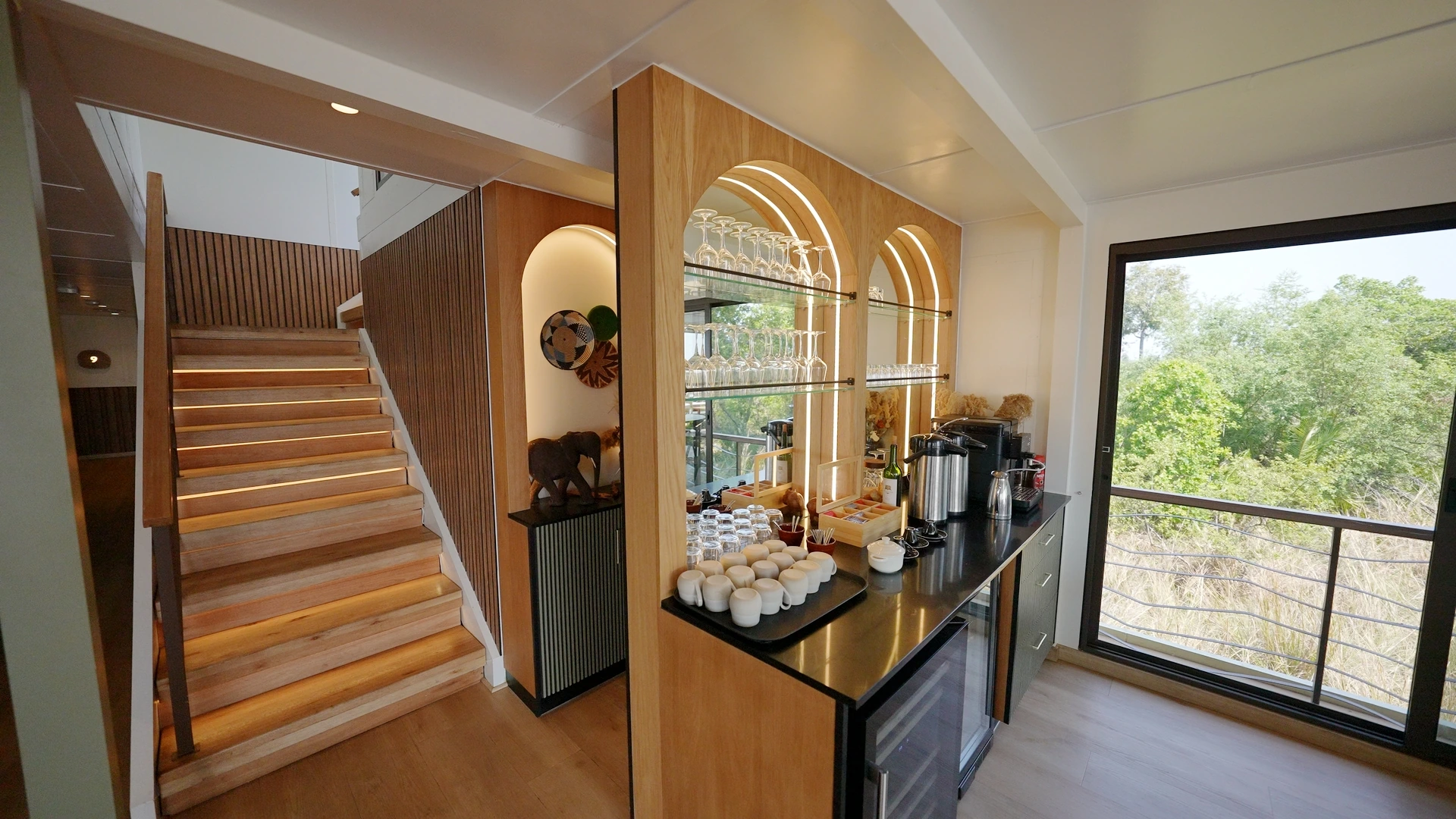 Coffee bar beside the staircase on board the Okavango Endeavour